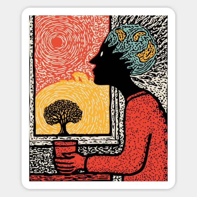 Wanderluster – World Mind Dreaming Linocut Magnet by TuncGK