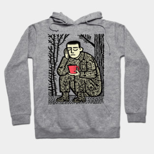 Weary Soldier – Post-Conflict Contemplation Linocut Hoodie