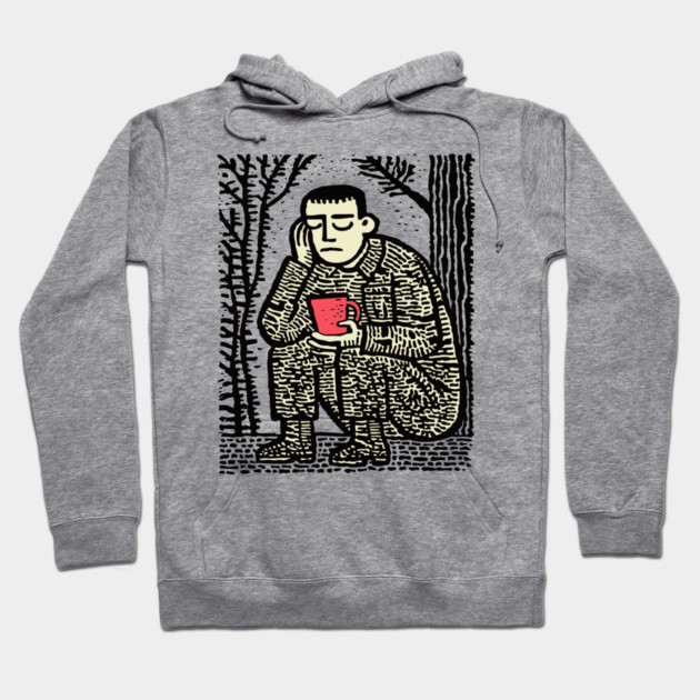 Weary Soldier – Post-Conflict Contemplation Linocut Hoodie by TuncGK