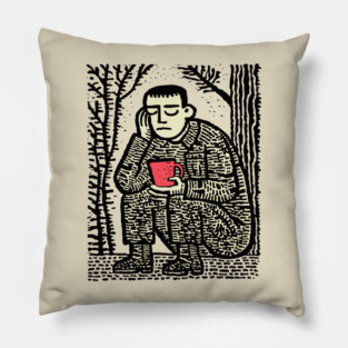 Weary Soldier – Post-Conflict Contemplation Linocut Pillow