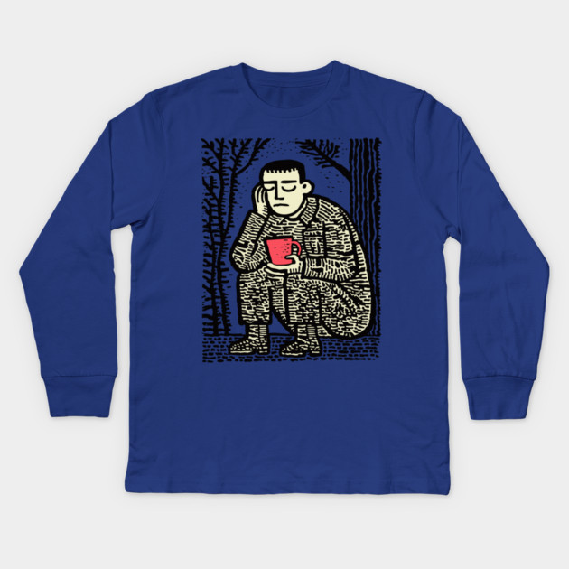 Weary Soldier – Post-Conflict Contemplation Linocut Kids Long Sleeve T-Shirt by TuncGK