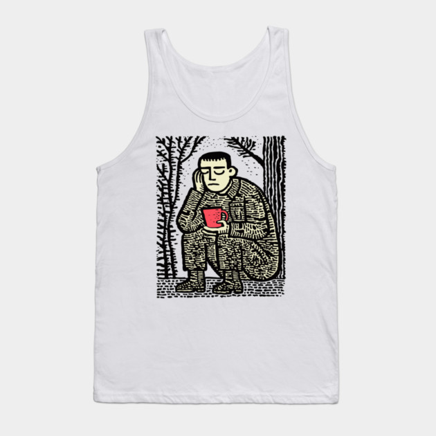 Weary Soldier – Post-Conflict Contemplation Linocut Tank Top by TuncGK