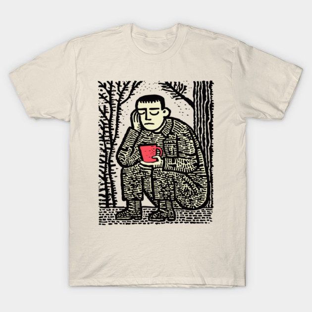 Weary Soldier – Post-Conflict Contemplation Linocut T-Shirt by TuncGK