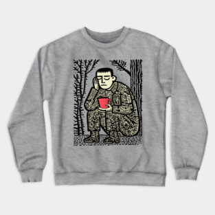 Weary Soldier – Post-Conflict Contemplation Linocut Crewneck Sweatshirt