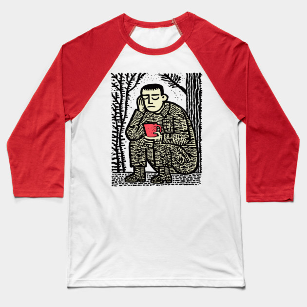 Weary Soldier – Post-Conflict Contemplation Linocut Baseball T-Shirt by TuncGK