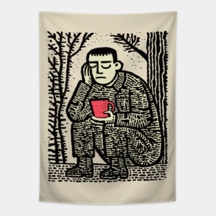Weary Soldier – Post-Conflict Contemplation Linocut Tapestry