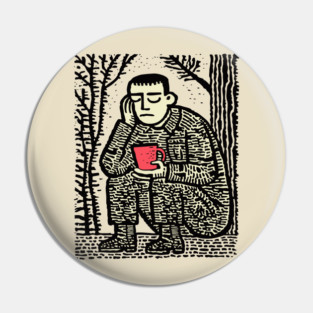 Weary Soldier – Post-Conflict Contemplation Linocut Pin
