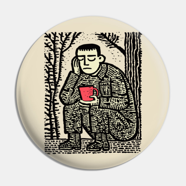 Weary Soldier – Post-Conflict Contemplation Linocut Pin by TuncGK