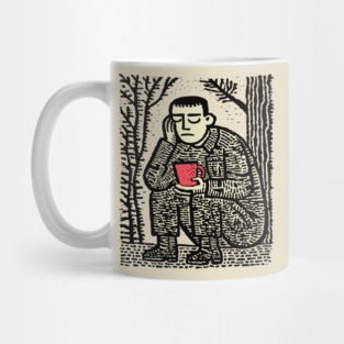 Weary Soldier – Post-Conflict Contemplation Linocut Mug