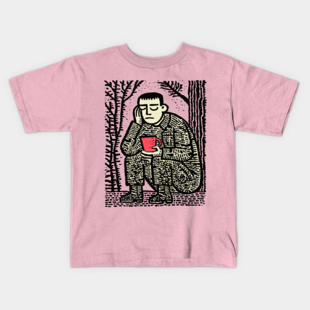 Weary Soldier – Post-Conflict Contemplation Linocut Kids T-Shirt by TuncGK