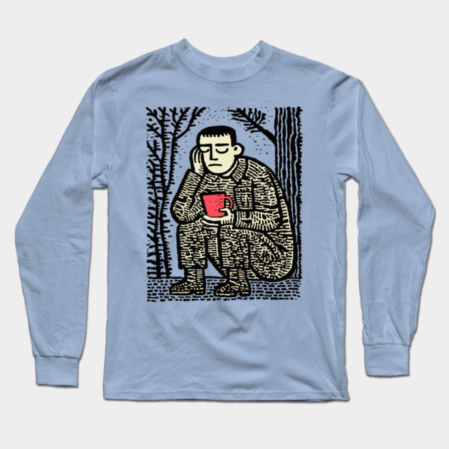 Weary Soldier – Post-Conflict Contemplation Linocut Long Sleeve T-Shirt by TuncGK