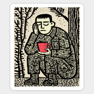 Weary Soldier – Post-Conflict Contemplation Linocut Sticker