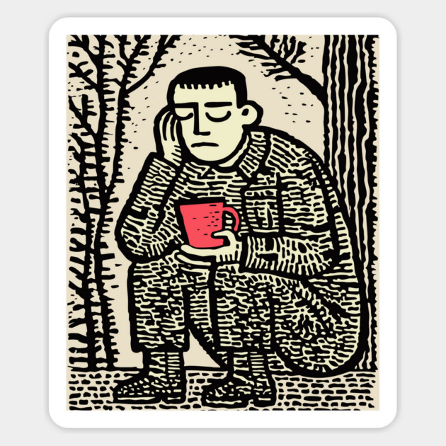 Weary Soldier – Post-Conflict Contemplation Linocut Magnet by TuncGK