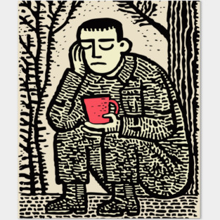 Weary Soldier – Post-Conflict Contemplation Linocut Posters and Art