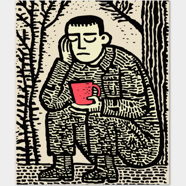 Weary Soldier – Post-Conflict Contemplation Linocut Wall Art by TuncGK