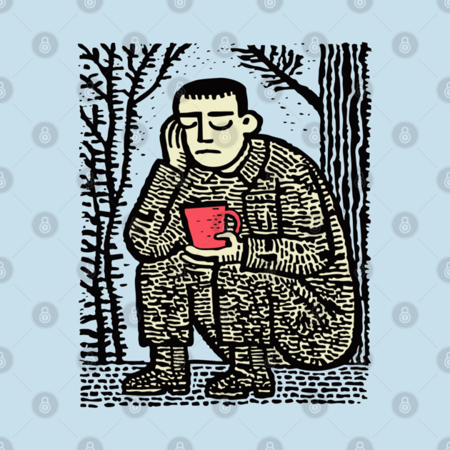 Weary Soldier – Post-Conflict Contemplation Linocut by TuncGK