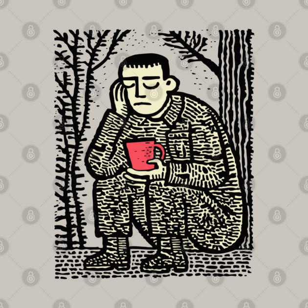Weary Soldier – Post-Conflict Contemplation Linocut by TuncGK