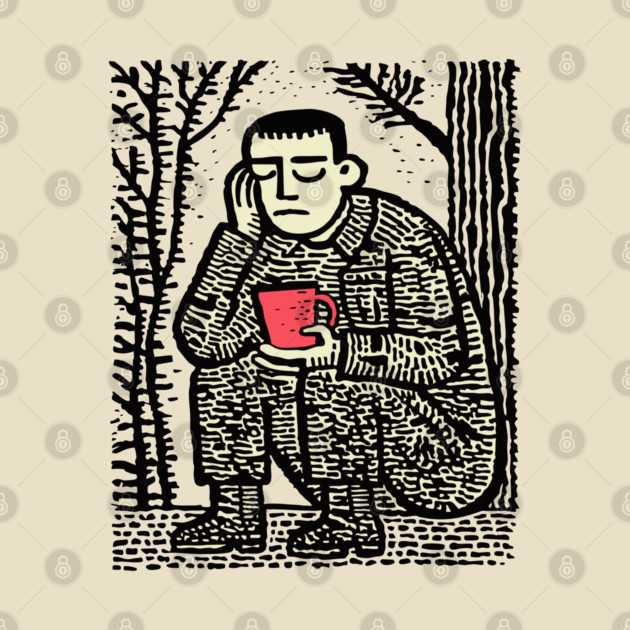 Weary Soldier – Post-Conflict Contemplation Linocut by TuncGK