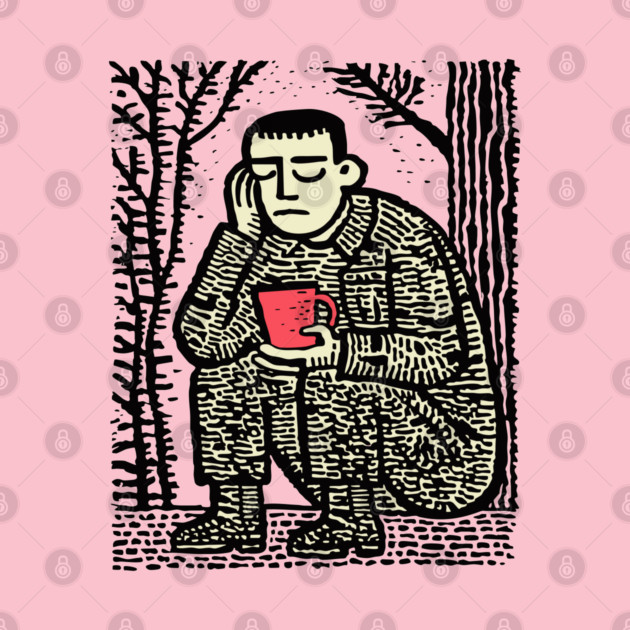 Weary Soldier – Post-Conflict Contemplation Linocut by TuncGK