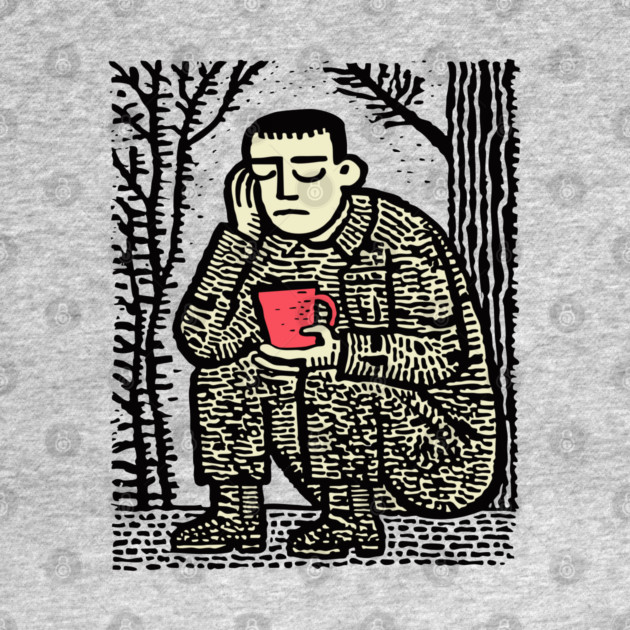 Weary Soldier – Post-Conflict Contemplation Linocut by TuncGK