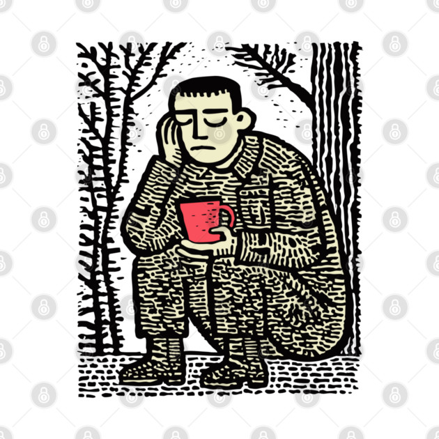 Weary Soldier – Post-Conflict Contemplation Linocut by TuncGK