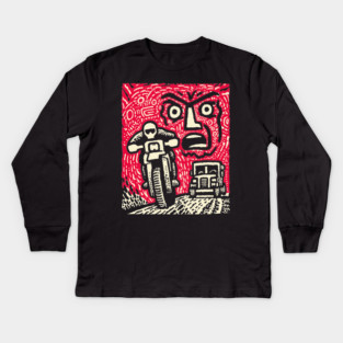 Road Rage Fury – Expressive Urban Frustration Linocut Kids Long Sleeve T-Shirt