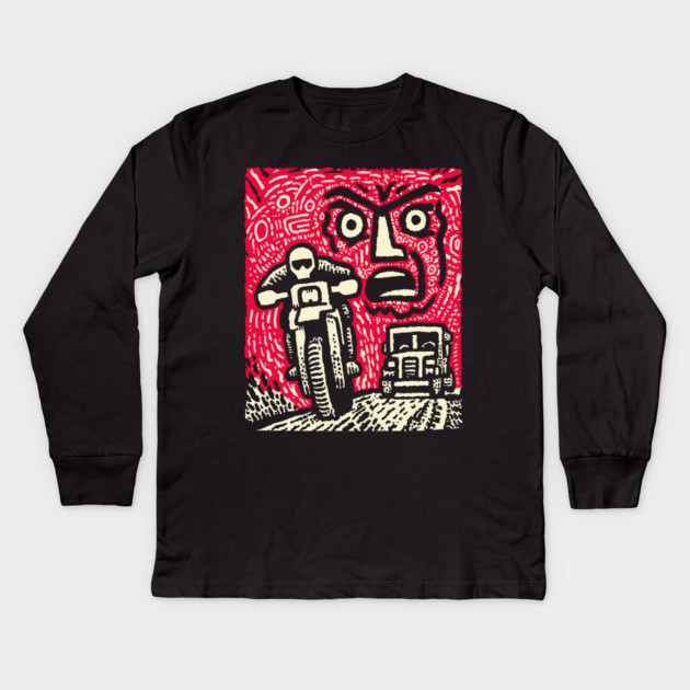 Road Rage Fury – Expressive Urban Frustration Linocut Kids Long Sleeve T-Shirt by TuncGK