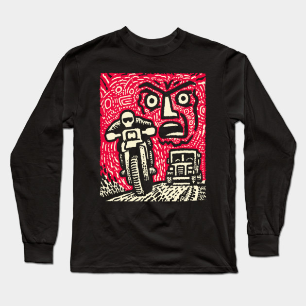 Road Rage Fury – Expressive Urban Frustration Linocut Long Sleeve T-Shirt by TuncGK