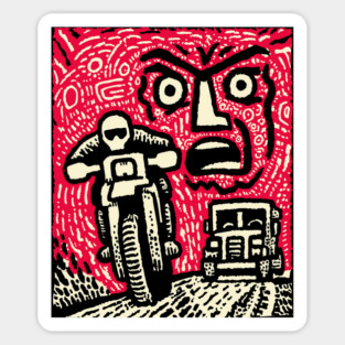 Road Rage Fury – Expressive Urban Frustration Linocut Sticker