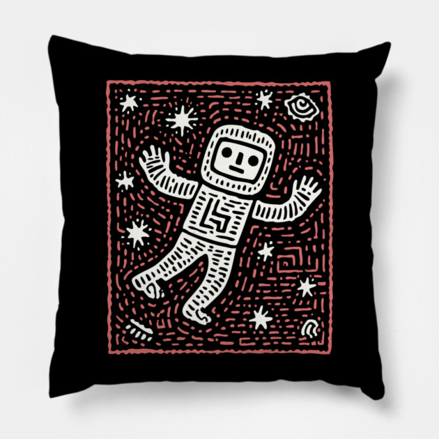 Space Life – Astronaut's Cosmic Dance Linocut Pillow by TuncGK