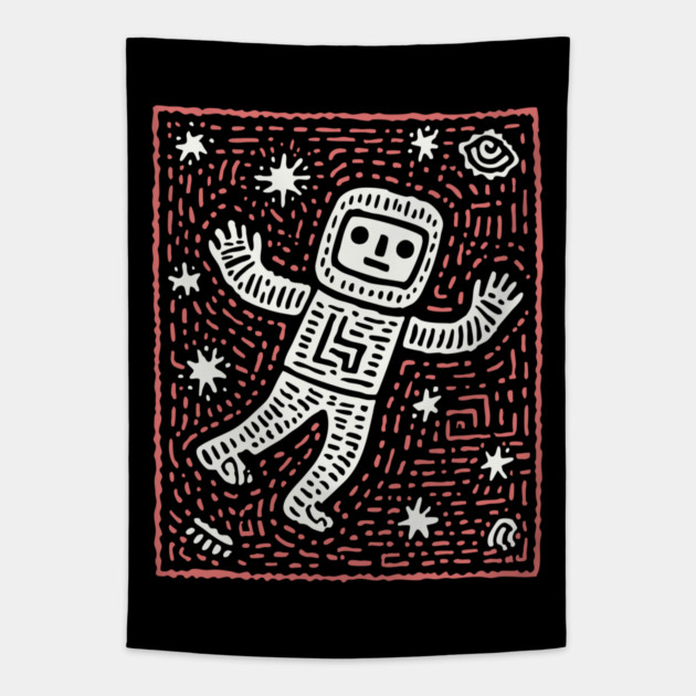 Space Life – Astronaut's Cosmic Dance Linocut Tapestry by TuncGK