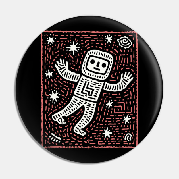 Space Life – Astronaut's Cosmic Dance Linocut Pin by TuncGK