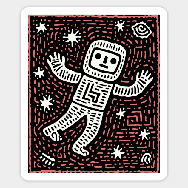 Space Life – Astronaut's Cosmic Dance Linocut Magnet by TuncGK