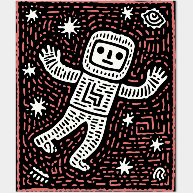 Space Life – Astronaut's Cosmic Dance Linocut Wall Art by TuncGK