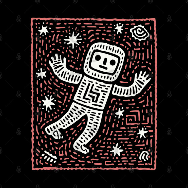 Space Life – Astronaut's Cosmic Dance Linocut by TuncGK