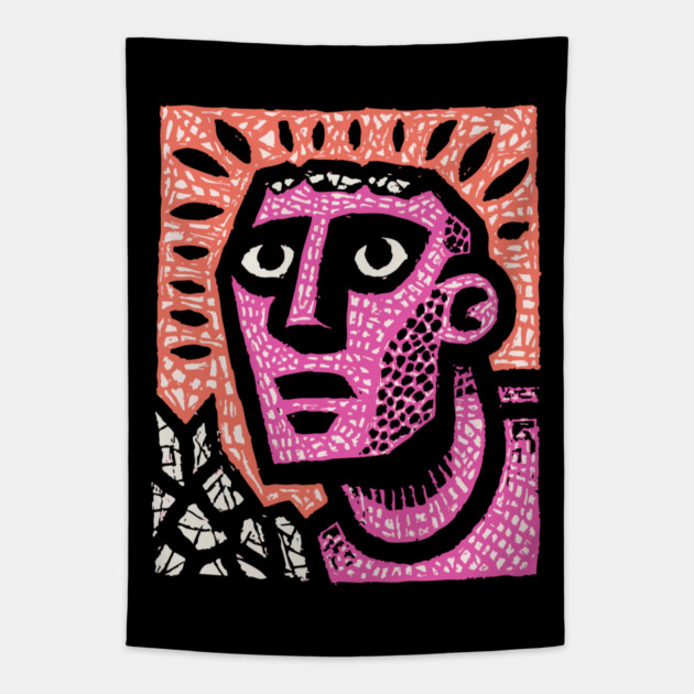 Stone Man Awakening – Inner Energy Linocut Tapestry by TuncGK
