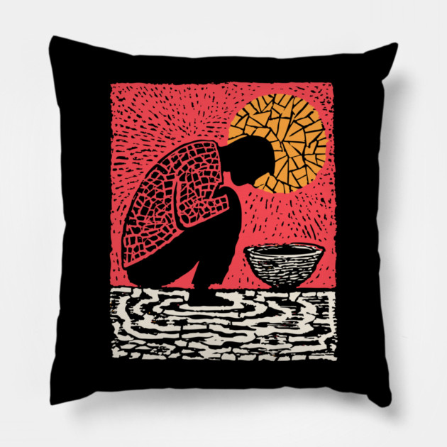 Quiet Sacrament – Humility and Ritual Linocut Pillow by TuncGK