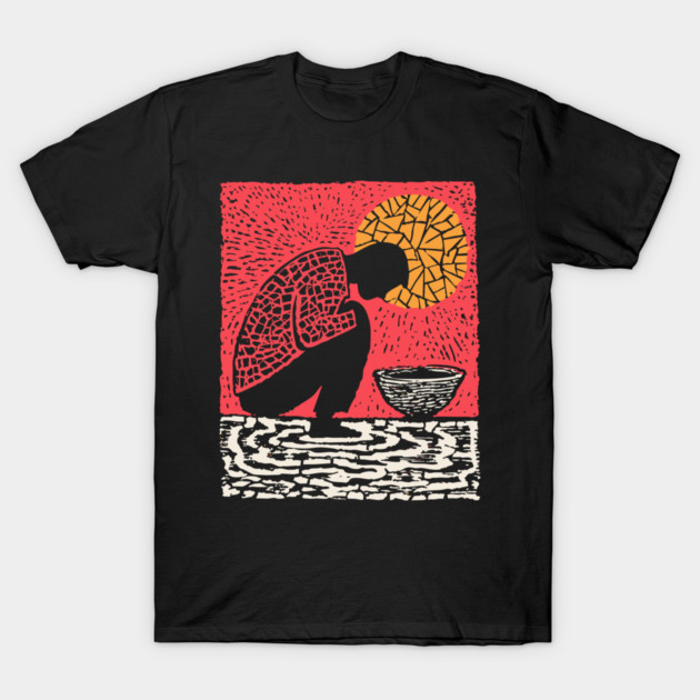 Quiet Sacrament – Humility and Ritual Linocut T-Shirt by TuncGK