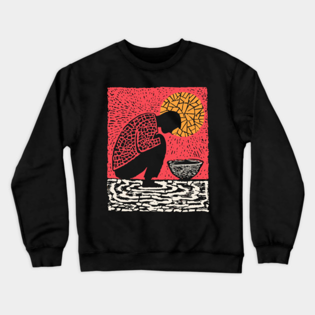 Quiet Sacrament – Humility and Ritual Linocut Crewneck Sweatshirt by TuncGK