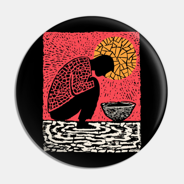 Quiet Sacrament – Humility and Ritual Linocut Pin by TuncGK