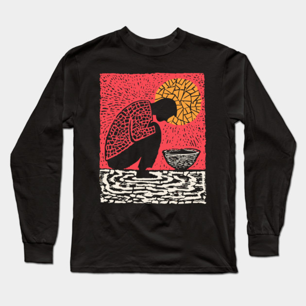 Quiet Sacrament – Humility and Ritual Linocut Long Sleeve T-Shirt by TuncGK