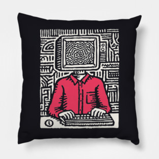 Screen Addict – Digital Overload Linocut Critique Pillow