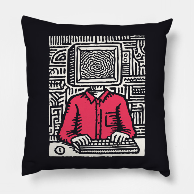 Screen Addict – Digital Overload Linocut Critique Pillow by TuncGK