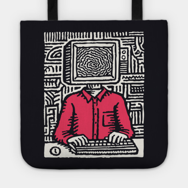 Screen Addict – Digital Overload Linocut Critique Tote by TuncGK