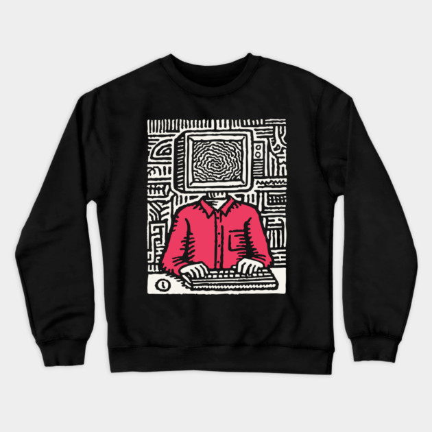 Screen Addict – Digital Overload Linocut Critique Crewneck Sweatshirt by TuncGK