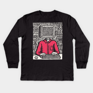 Screen Addict – Digital Overload Linocut Critique Kids Long Sleeve T-Shirt