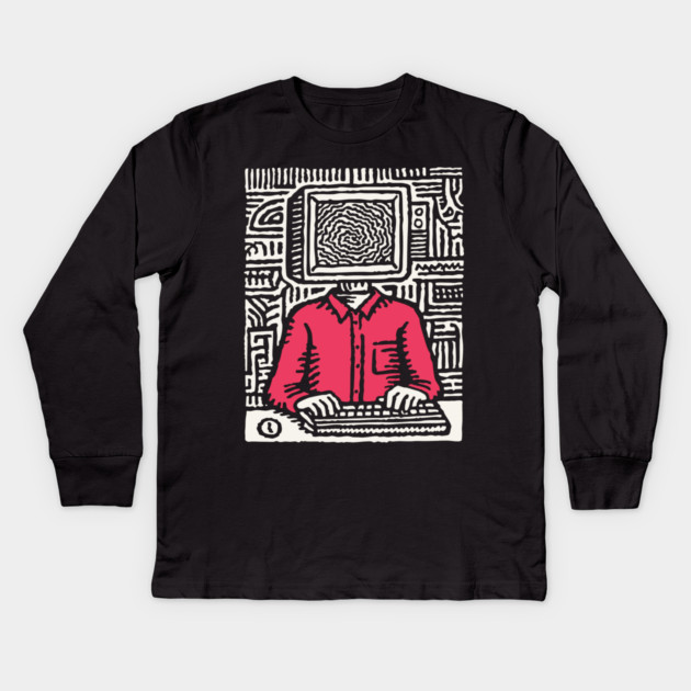 Screen Addict – Digital Overload Linocut Critique Kids Long Sleeve T-Shirt by TuncGK