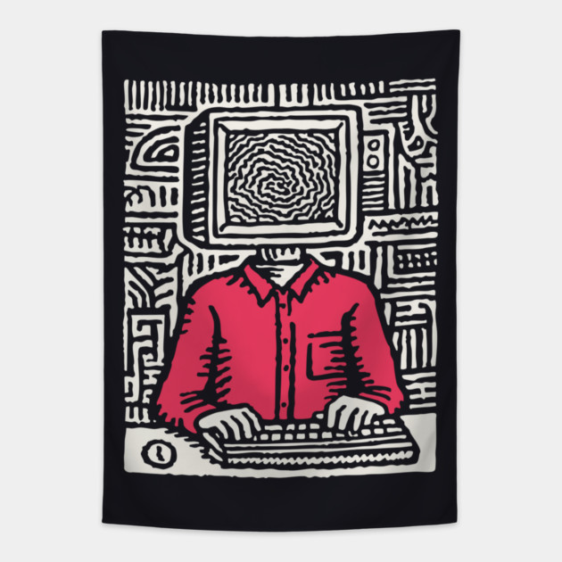 Screen Addict – Digital Overload Linocut Critique Tapestry by TuncGK