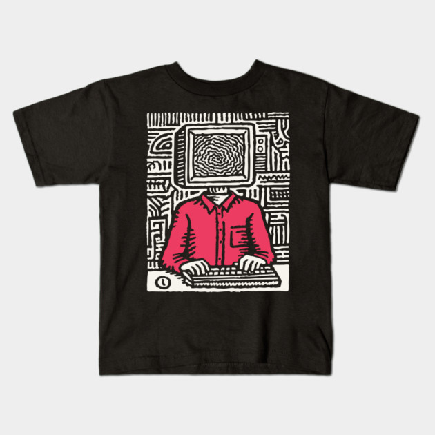 Screen Addict – Digital Overload Linocut Critique Kids T-Shirt by TuncGK