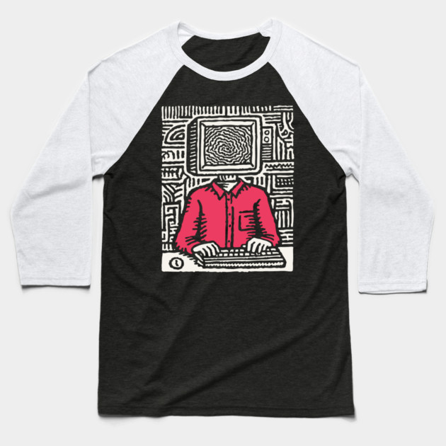 Screen Addict – Digital Overload Linocut Critique Baseball T-Shirt by TuncGK